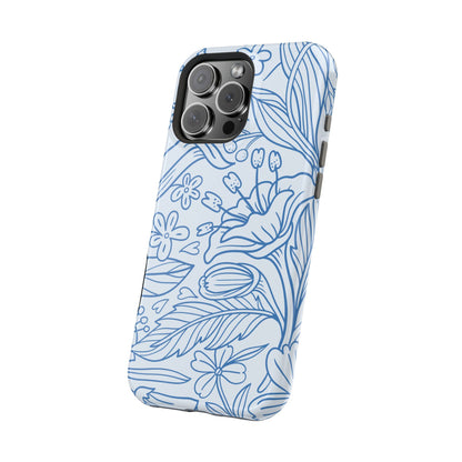 Dusty Blue Floral Line Art Tough MagSafe iPhone Case – Minimalist Botanical Design with Dual-Layer Protection