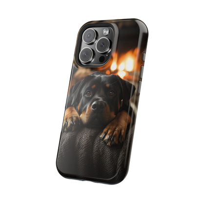 Cozy Rottweiler by the Fireplace MagSafe iPhone Case – Warm Rustic Design