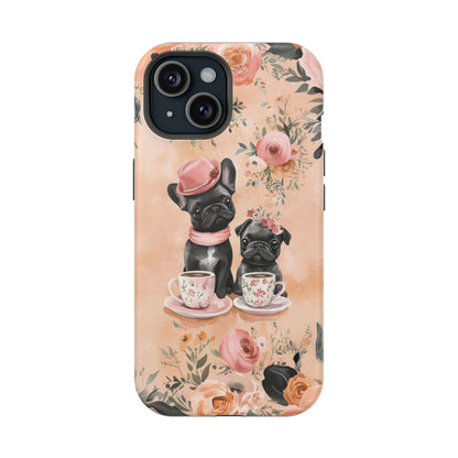 Floral French Bulldogs MagSafe iPhone Case – Elegant Dog Design with Tea Cups & Roses, Shockproof Protection