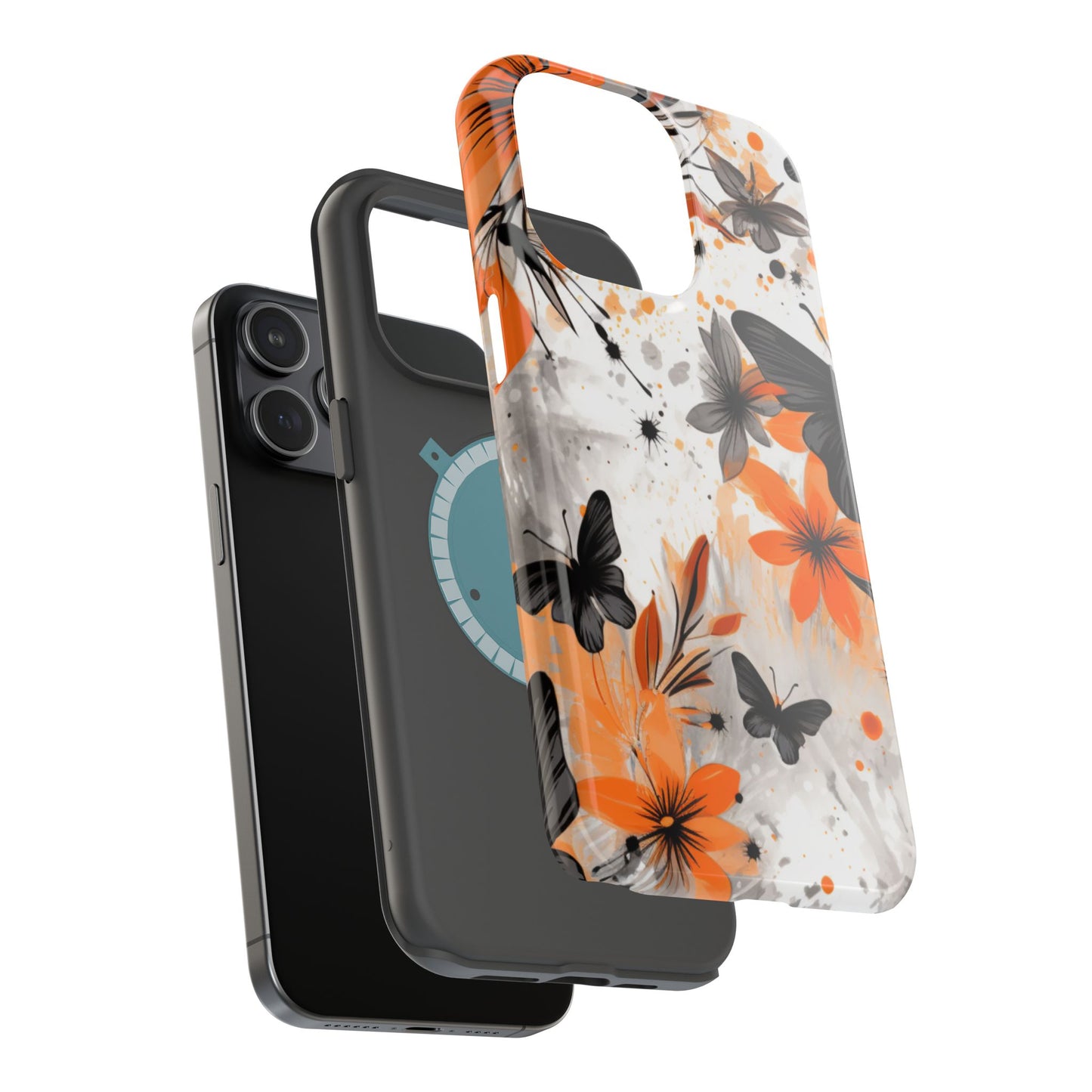 Orange Blossom & Black Butterfly MagSafe iPhone Case – Bold Floral Pattern with Modern Abstract Style