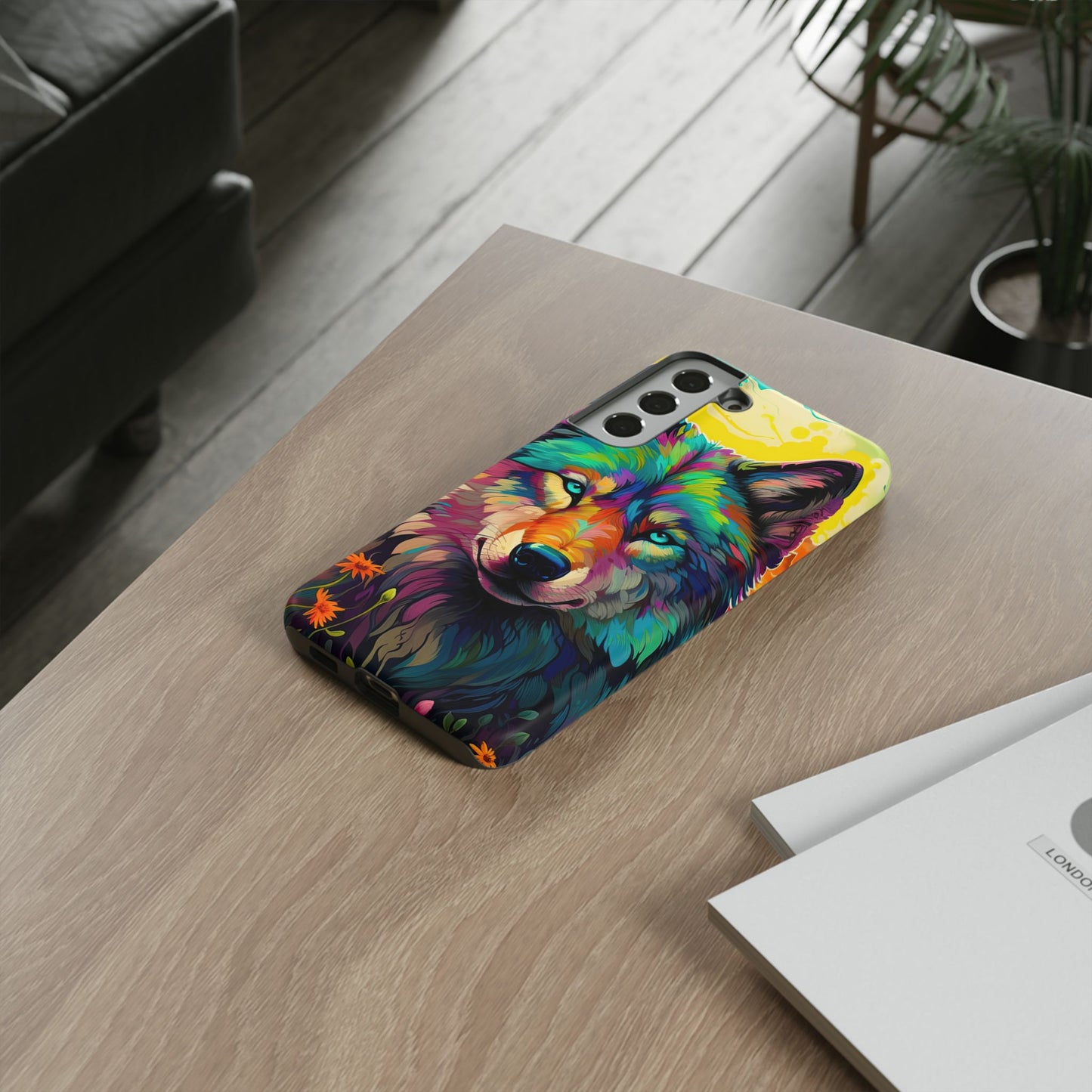 Rainbow Wolf in Bloom – Samsung Galaxy Case with Vivid Nature Design