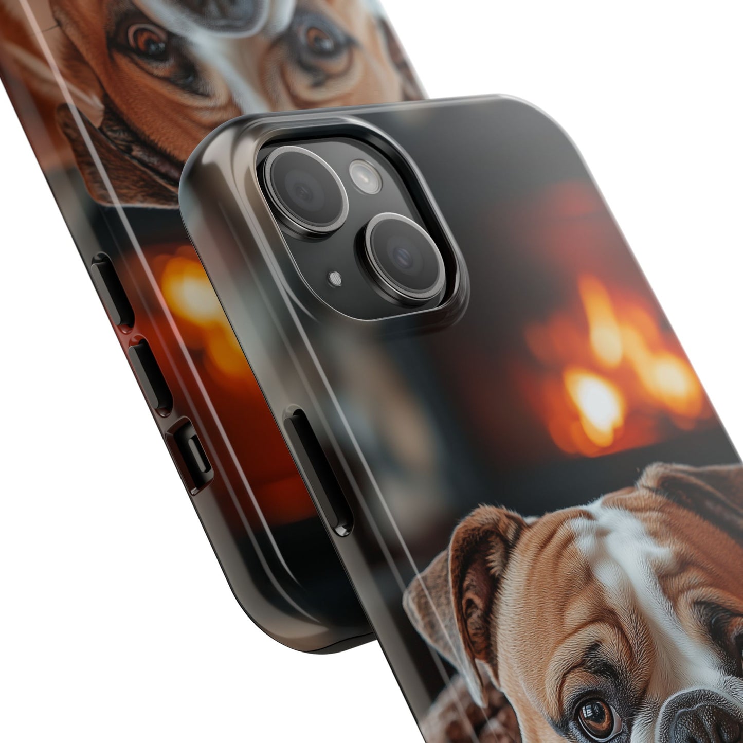 Cozy Bulldog iPhone Case – Fireside-Inspired Protective Cover Description: