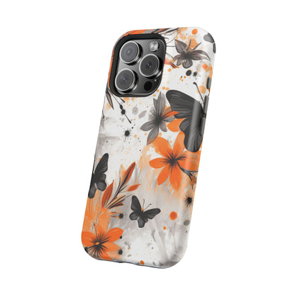 Orange Blossom & Black Butterfly MagSafe iPhone Case – Bold Floral Pattern with Modern Abstract Style