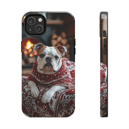 Cozy Bulldog in Sweater iPhone Case – Festive Fireplace Protective Cover