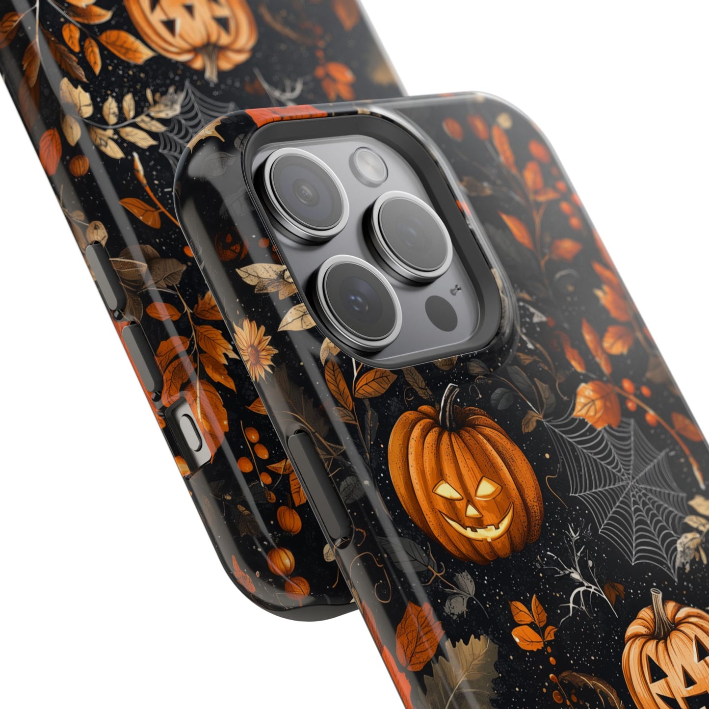 Elegant Halloween MagSafe iPhone Case – Pumpkin Jack-o'-Lanterns, Cobwebs & Autumn Foliage Design