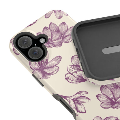 Vintage Botanical Floral Tough MagSafe iPhone Case – Hand-Drawn Purple Flowers, Shockproof Design