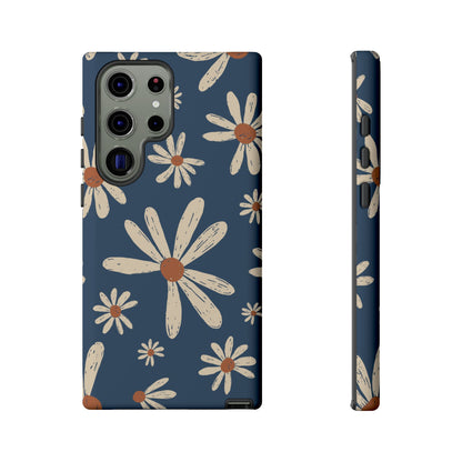 Vintage Daisies Samsung Galaxy Case – Navy Blue Floral Design, Scratch-Resistant with Shock-Absorbing Bumper