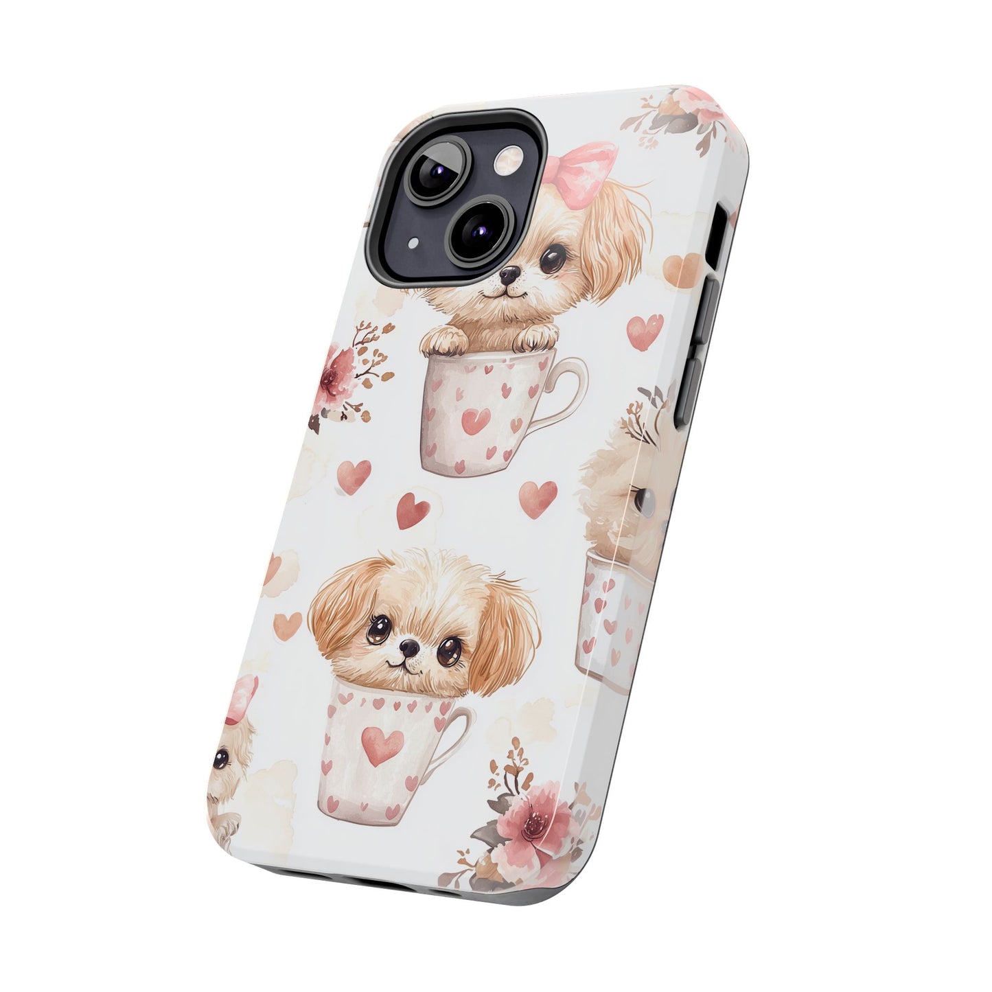 Cute Puppies in Heart Mugs iPhone Case – Adorable Dog & Floral Design, Shockproof & Slim - BOGO Cases