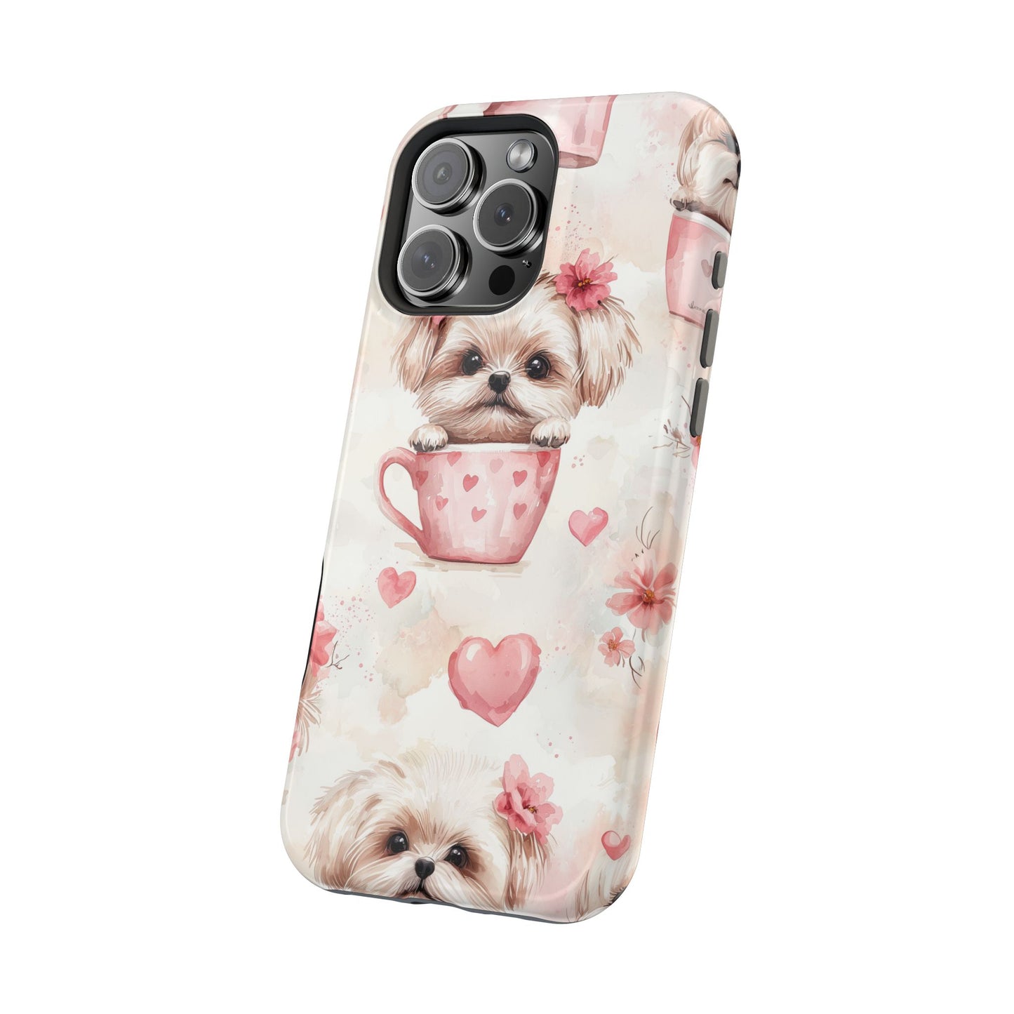 Floral Puppy in Teacup MagSafe iPhone Case – Cute Pink Flower Design, Tough Dual-Layer Protection