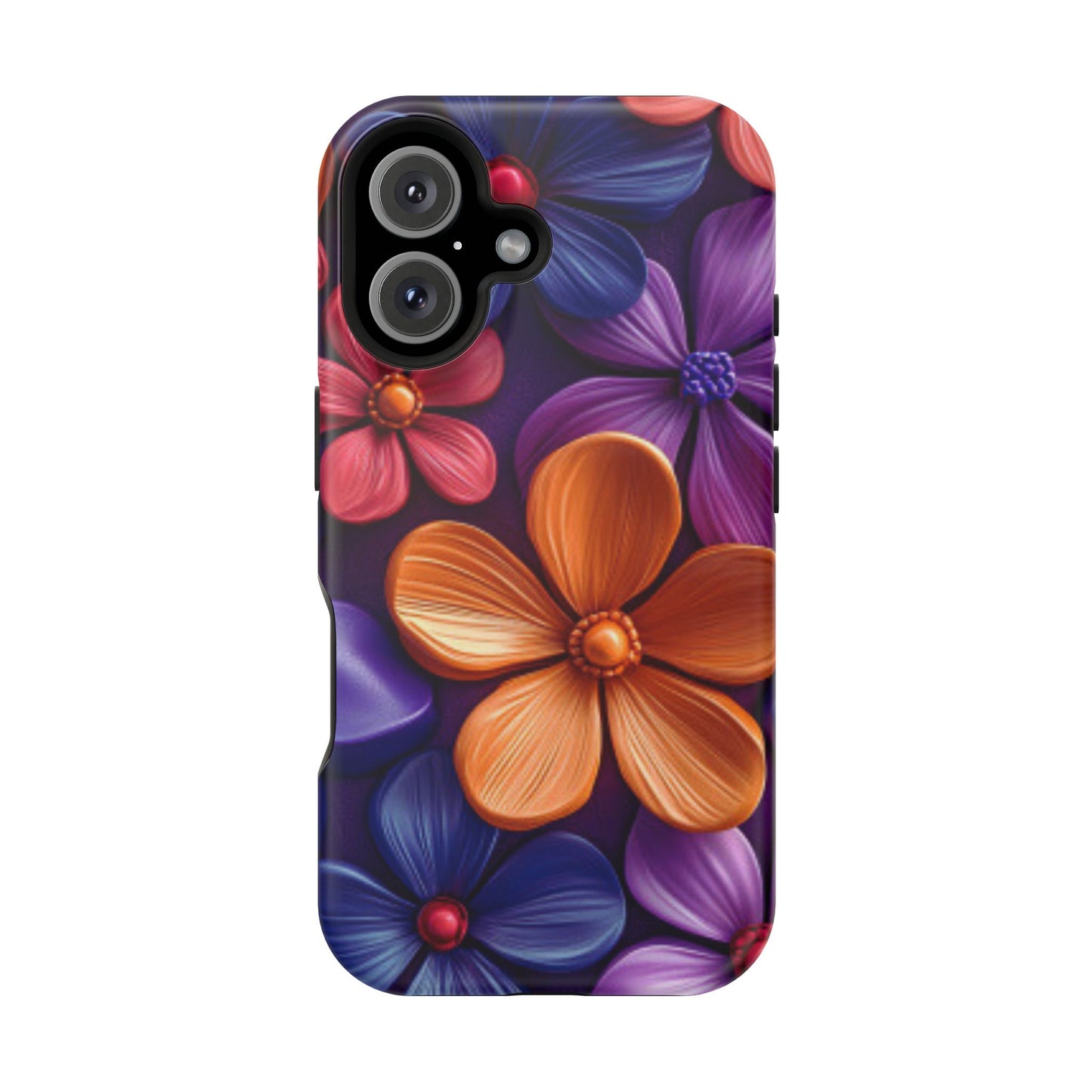 Bold Floral 3D MagSafe iPhone Case – Vivid Purple and Orange Flower Design, Shock-Resistant