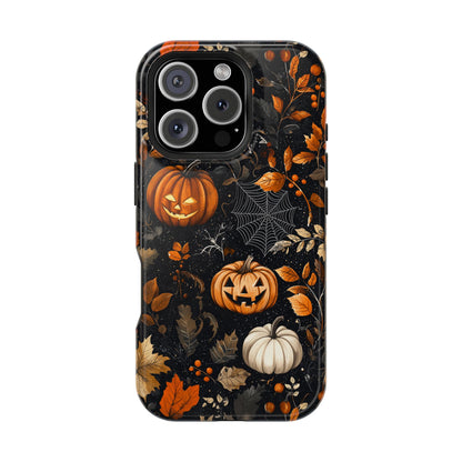 Elegant Halloween MagSafe iPhone Case – Pumpkin Jack-o'-Lanterns, Cobwebs & Autumn Foliage Design