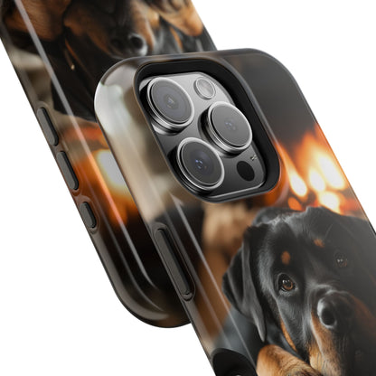 Cozy Rottweiler by the Fireplace MagSafe iPhone Case – Warm Rustic Design