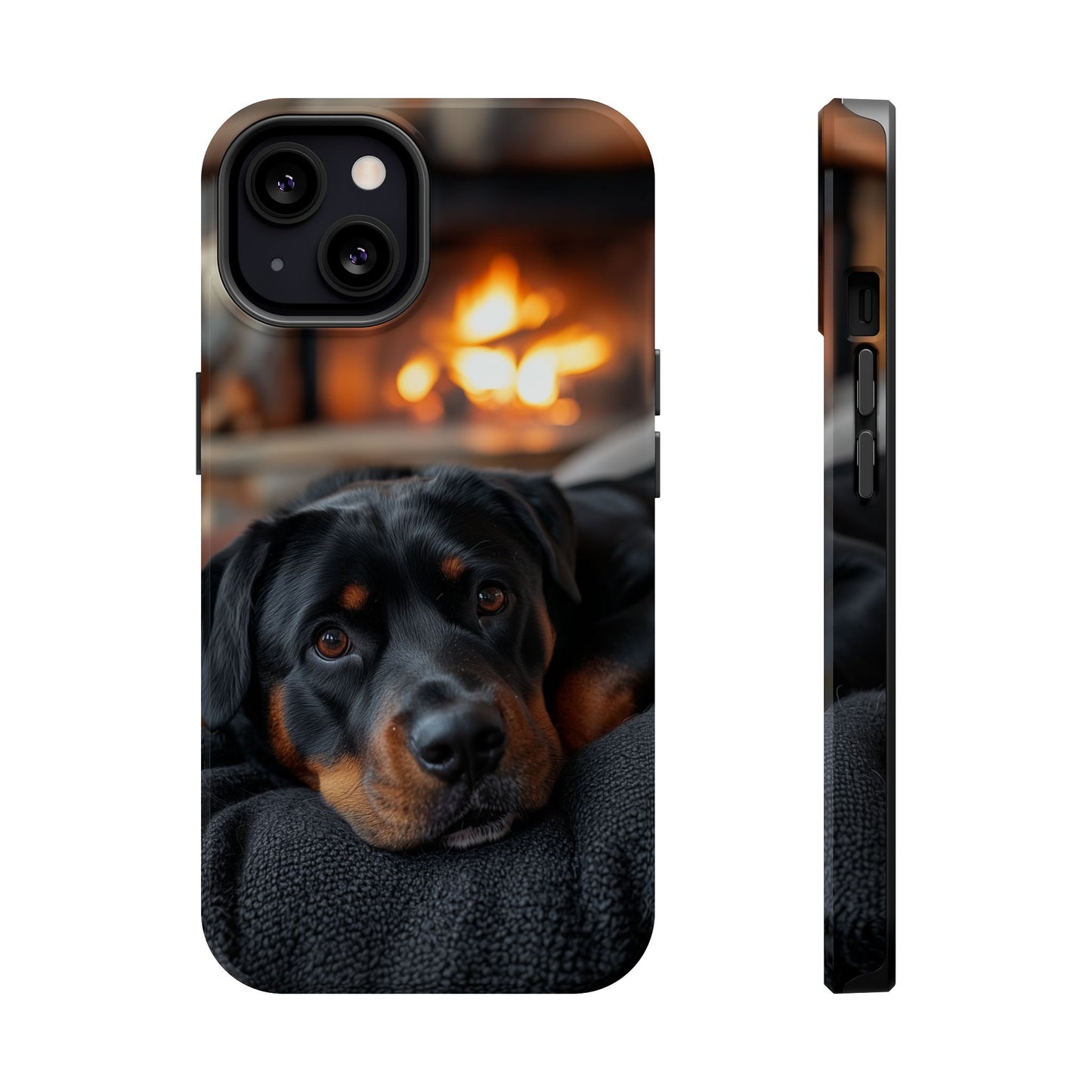 Charming Rottweiler by the Fireplace MagSafe iPhone Case – Cozy & Functional Design