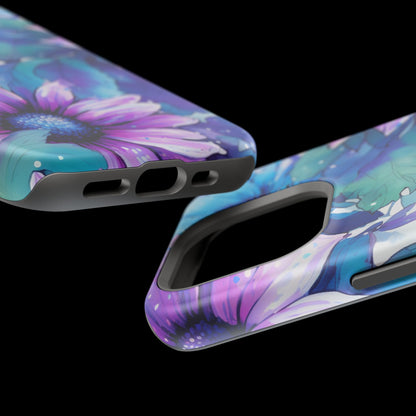 Purple & Teal Watercolor Floral MagSafe iPhone Case - Artistic Flower Design