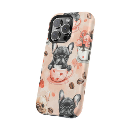 French Bulldogs in Heart Teacups MagSafe iPhone Case – Cute Dog & Floral Design, Shockproof Protection