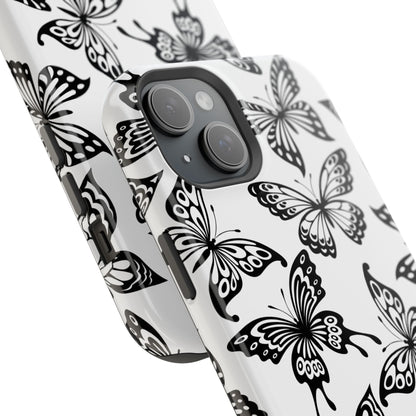 Monochrome Butterfly Pattern Tough MagSafe Case – Dual-Layer Protection with Matte Finish