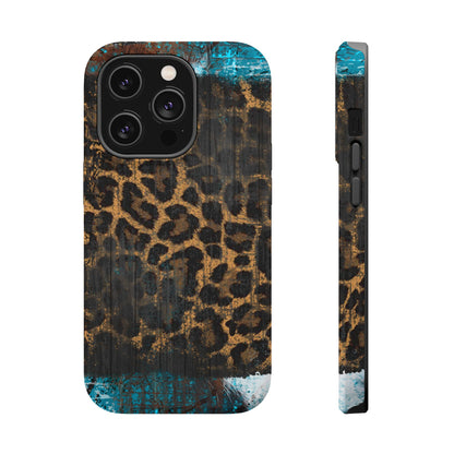 Boho Leopard and Turquoise Tough MagSafe iPhone Case – Rustic Western Design with Dual-Layer Protection