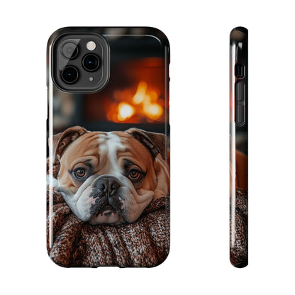 Cozy Bulldog iPhone Case – Fireside-Inspired Protective Cover Description: