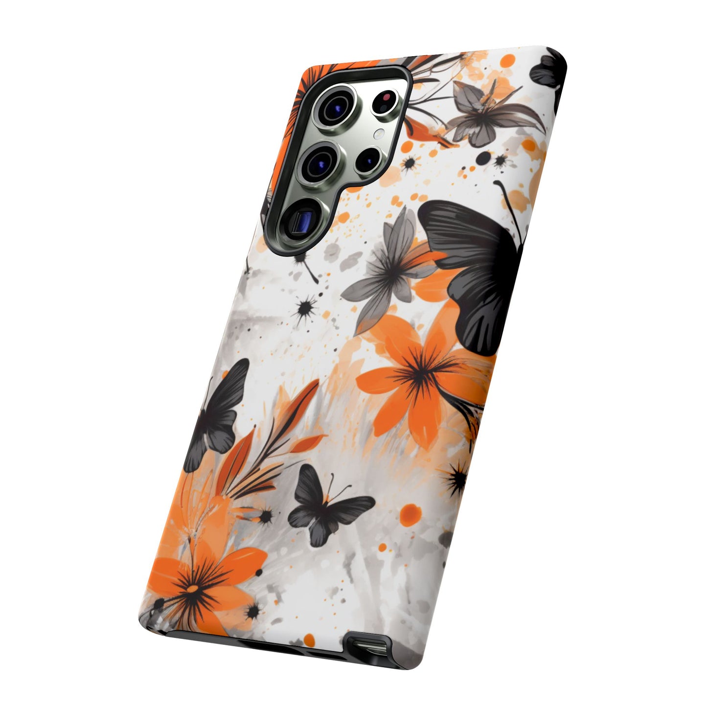 Orange Blossom & Black Butterfly Samsung Galaxy Case – Bold Floral Pattern with Modern Abstract Style