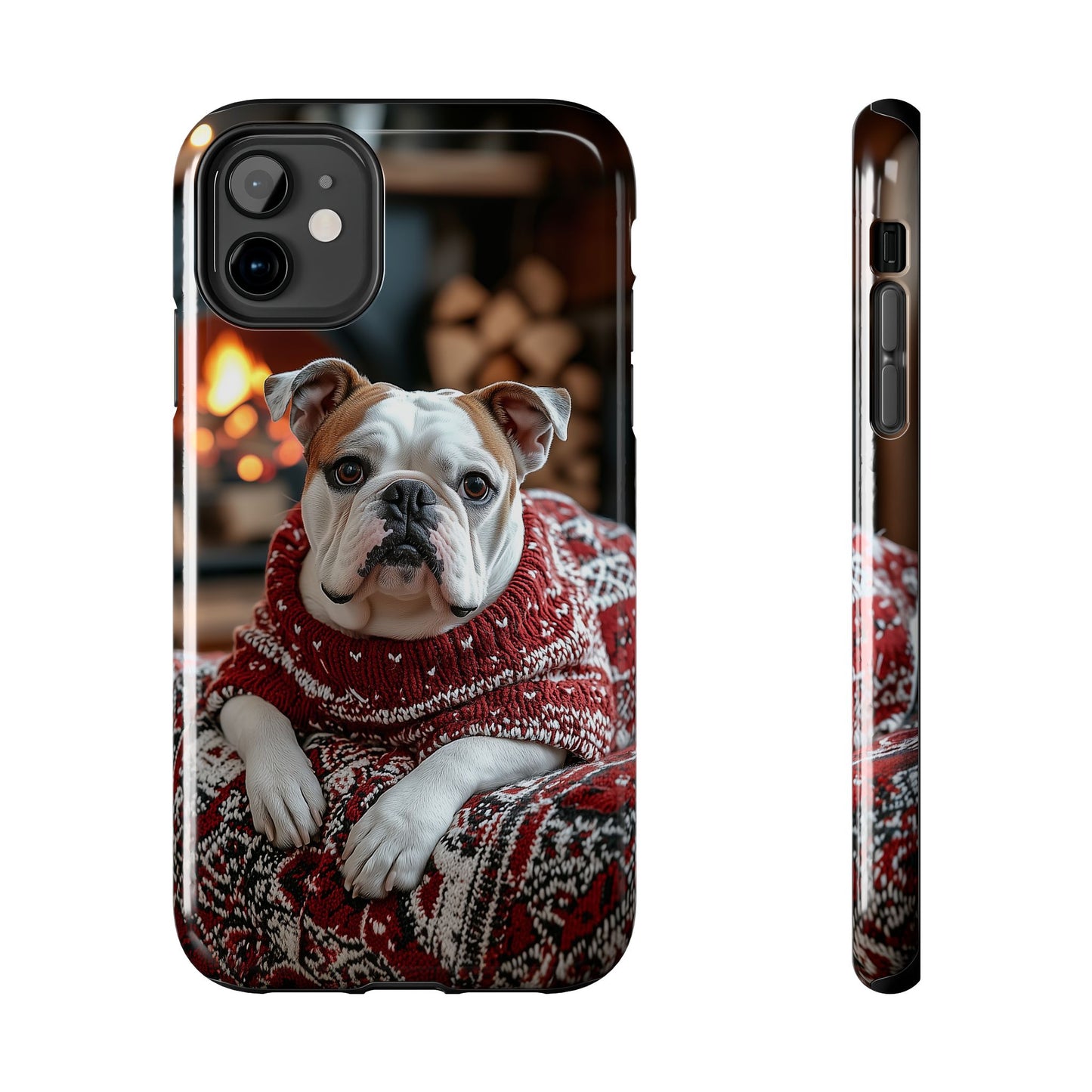 Cozy Bulldog in Sweater iPhone Case – Festive Fireplace Protective Cover