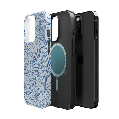 Dusty Blue Floral Line Art Tough MagSafe iPhone Case – Minimalist Botanical Design with Dual-Layer Protection