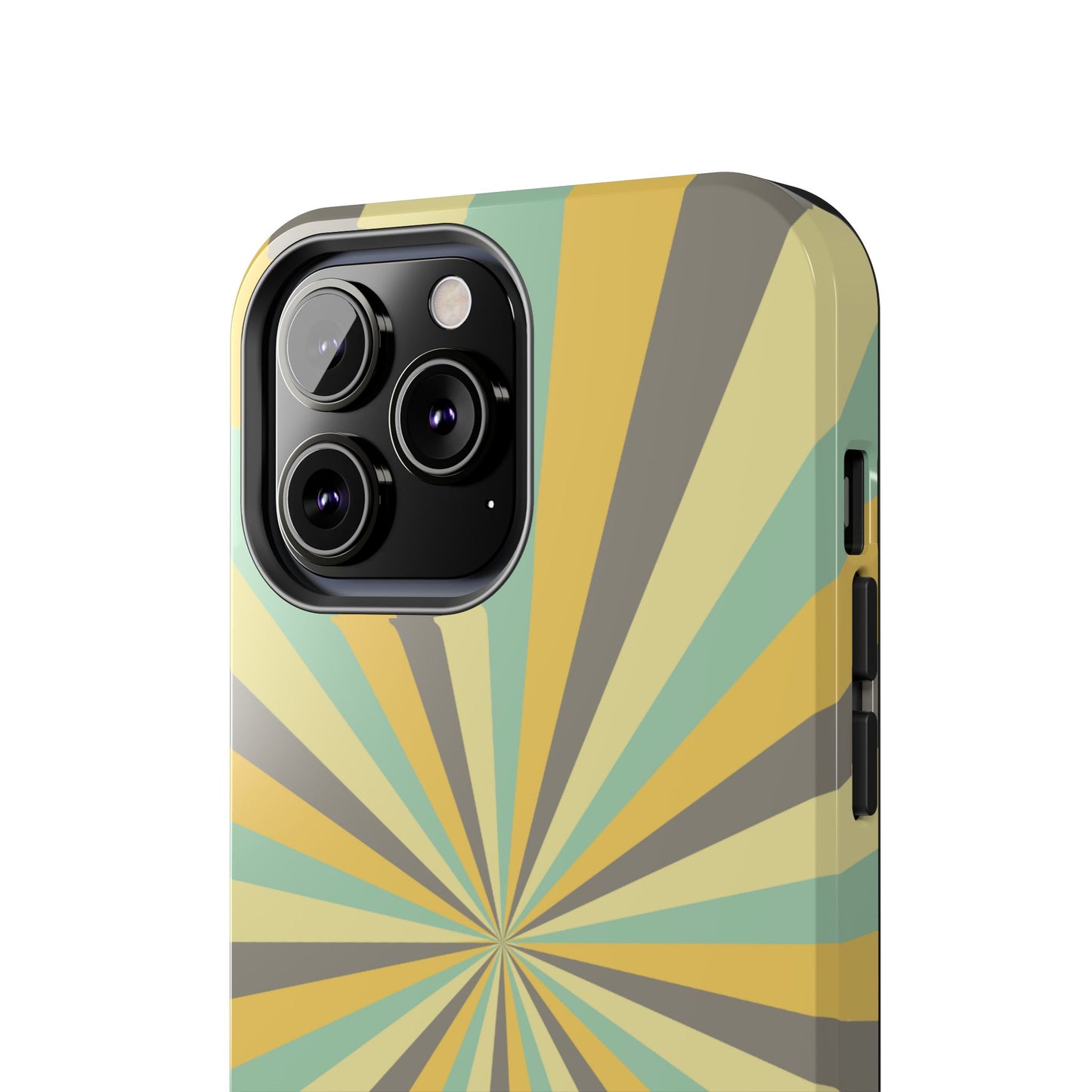 Vintage Sunburst Rays iPhone Case – Bold 70s-Inspired Burst in Yellow, Mint, and Gray