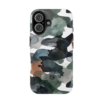 Moody Abstract Watercolor iPhone Case – Earthy Green and Charcoal Design