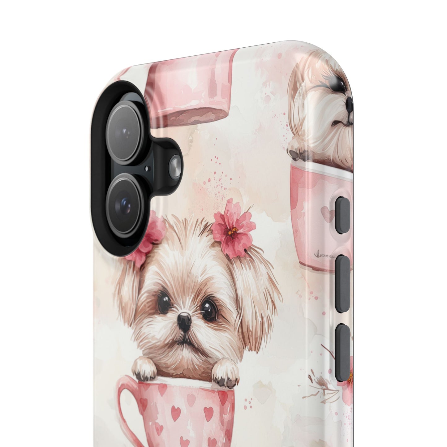 Floral Puppy in Teacup MagSafe iPhone Case – Cute Pink Flower Design, Tough Dual-Layer Protection