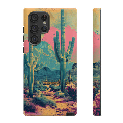 Desert Oasis Retro Cactus Phone Case - Vibrant Sunset Landscape for iPhone 15/14/13/12, Samsung S24/S23/S22/S21, & Google Pixel