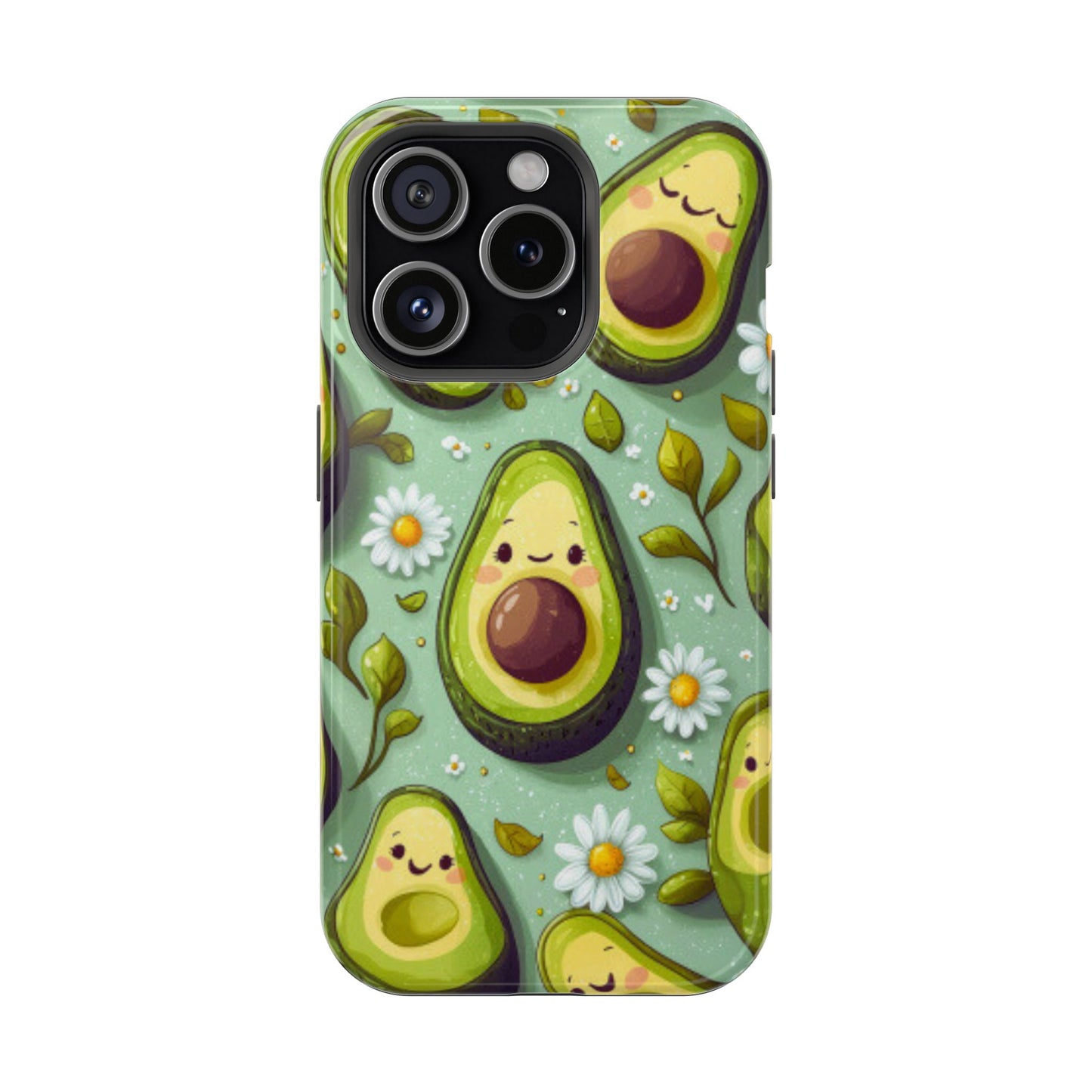 Cute Avocado MagSafe iPhone Case – Adorable Kawaii Avocados with Daisies, Shock-Resistant