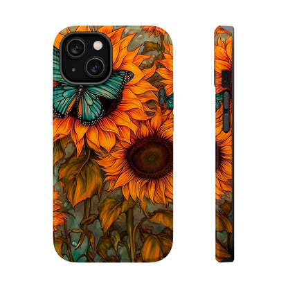 Vintage Blue Butterfly & Sunflower Art – MagSafe iPhone Case