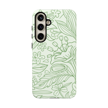 Sage Green Floral Line Art Tough Samsung Galaxy Case – Minimalist Botanical Design with Dual-Layer Protection