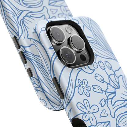 Dusty Blue Floral Line Art Tough MagSafe iPhone Case – Minimalist Botanical Design with Dual-Layer Protection