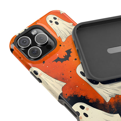 Spooky Ghosts & Bats  MagSafe iPhone Case – Vibrant Orange Halloween Design