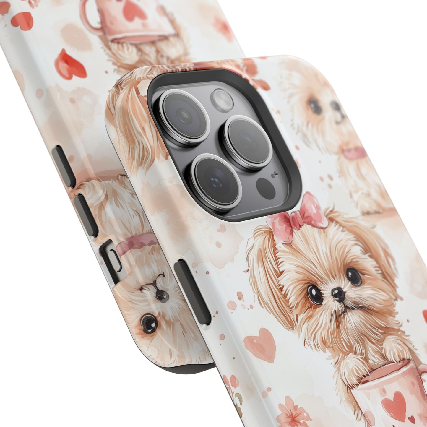 Puppies & Heart Mugs MagSafe iPhone Case – Sweet Dog & Floral Design, Shockproof & Slim