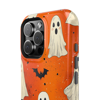 Spooky Ghosts & Bats  MagSafe iPhone Case – Vibrant Orange Halloween Design