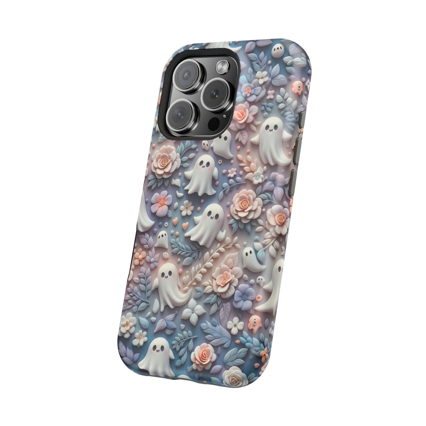 Cute MagSafe Ghosts Flowers Phone Case | Ethereal Clay Style | Autumn and Halloween Aesthetic | Tough Dual Layer Protection