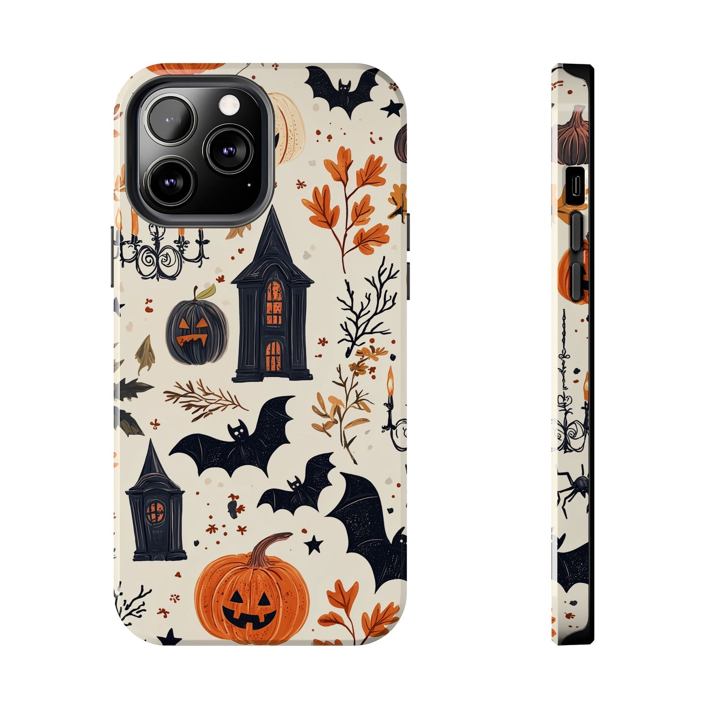 Haunted Halloween iPhone Case – Haunted House, Bats, and Pumpkins Design