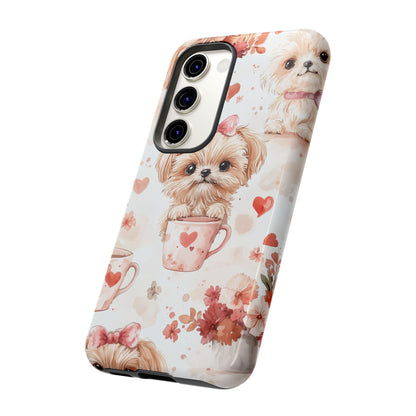 Puppies & Heart Mugs Samsung Galaxy Case – Sweet Dog & Floral Design, Shockproof & Slim