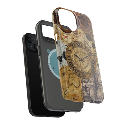 Steampunk Vintage Adventure MagSafe iPhone Case – Dual-Layer Protection with Antique Map and Clock Design