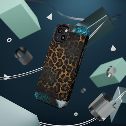 Boho Leopard and Turquoise Tough MagSafe iPhone Case – Rustic Western Design with Dual-Layer Protection