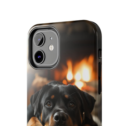 Cozy Rottweiler by the Fireplace iPhone Case – Warm Rustic Design