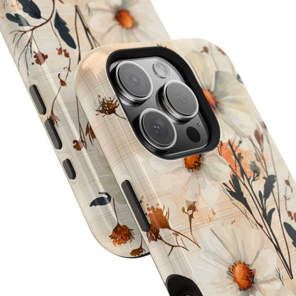 Pastel Orange Floral MagSafe iPhone Case - Elegant Plaid Protective Cover