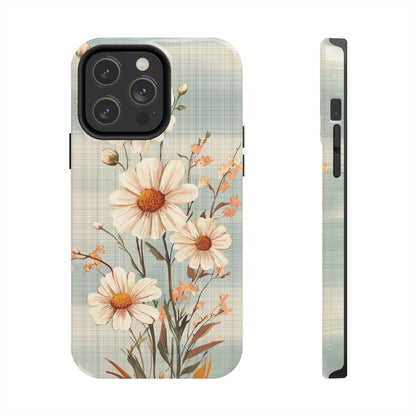 Vintage Plaid & Daisy Floral Tough iPhone Case – Dual-Layer Protection with Retro Flower Design