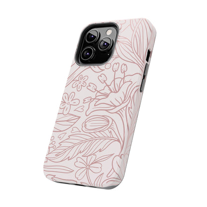 Blush Floral Line Art Tough iPhone Case – Delicate Minimalist Design with Dual-Layer Protection