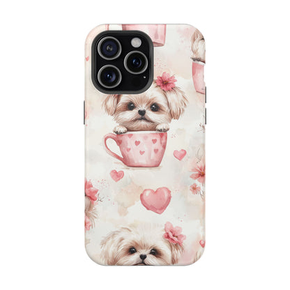 Floral Puppy in Teacup MagSafe iPhone Case – Cute Pink Flower Design, Tough Dual-Layer Protection