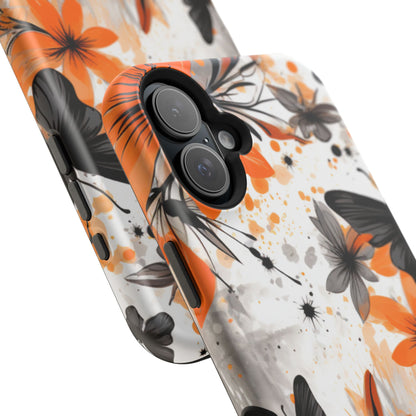 Orange Blossom & Black Butterfly MagSafe iPhone Case – Bold Floral Pattern with Modern Abstract Style