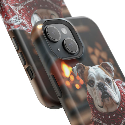 Cozy Bulldog in Sweater MagSafe iPhone Case – Festive Fireplace Protective Cover