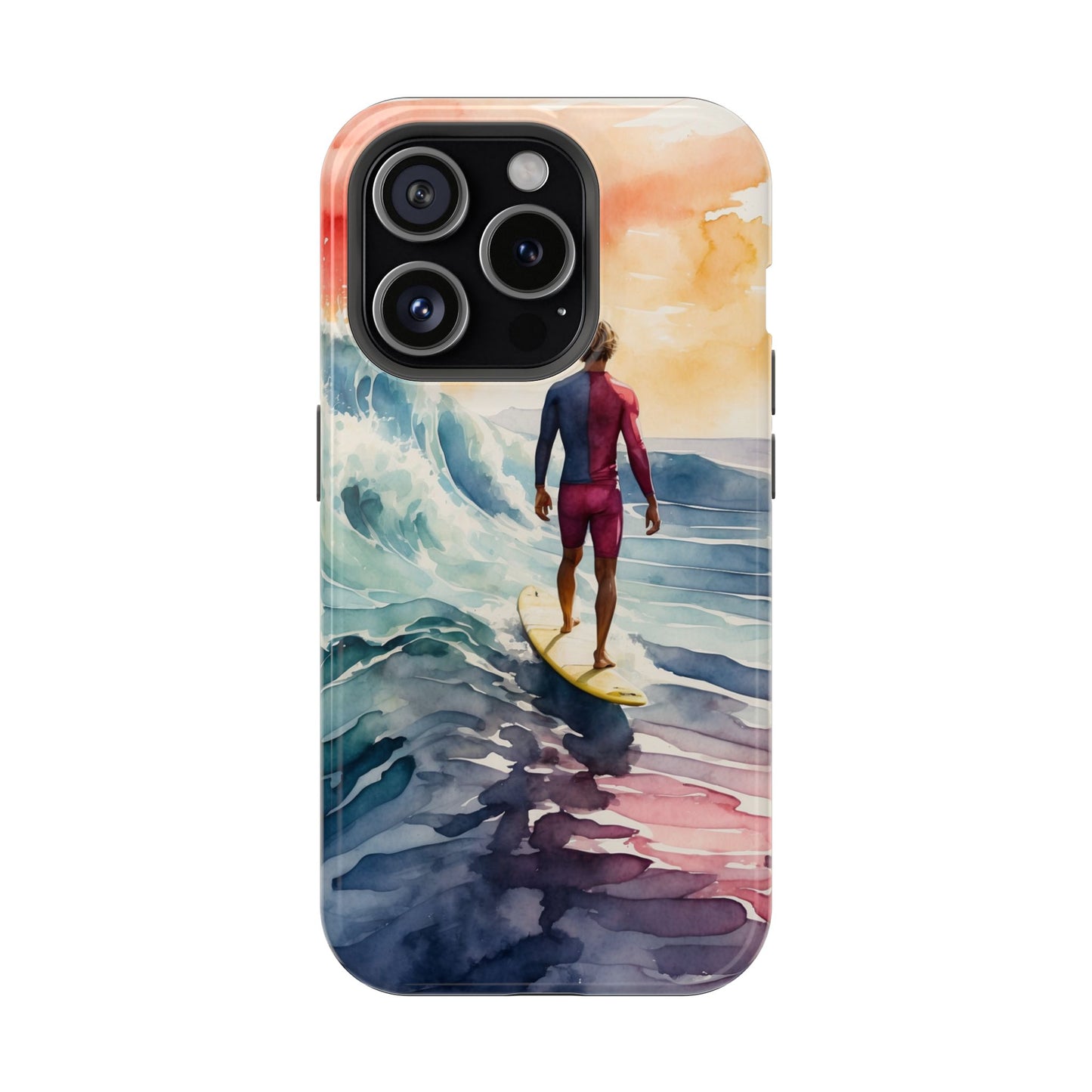 Surfer’s Sunset Wave MagSafe iPhone Case – Vibrant Watercolor Design