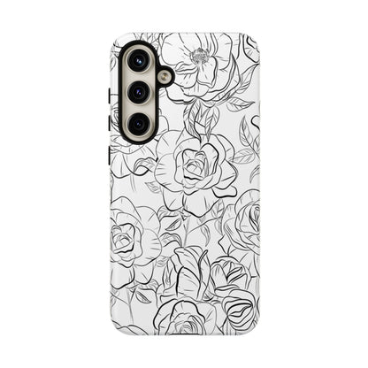 Monochrome Rose Garden Tough Samsung Galaxy Case – Elegant Floral Line Art with Dual-Layer Protection